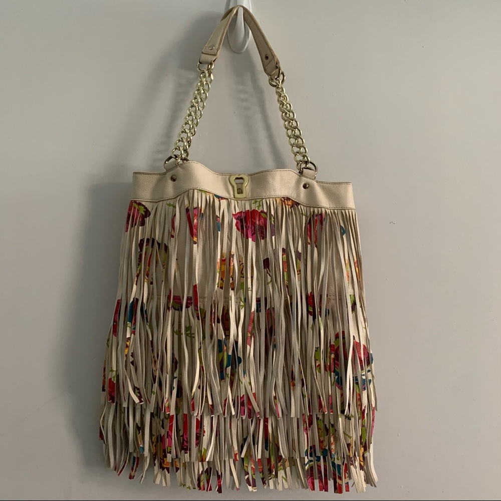 Betsey Johnson Used White Floral Fringe Bag